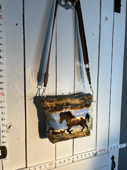Handmade 11”  Light Cotton Handbag With Horse Print Side Pocket 0058