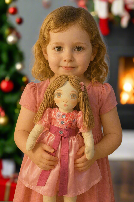 Augusta Draycott – 18” Handmade Cloth Doll in Blush Satin Gown – Regency-Era Storytime Friend
