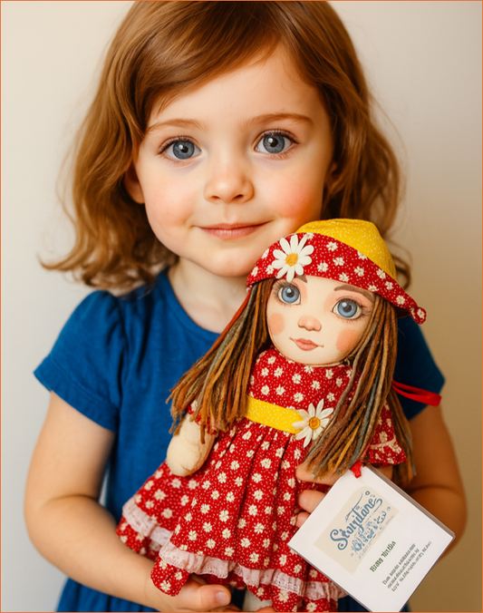 Luna Larkspur 18” Handmade Rag Doll – Cloth Doll with Floral Dress & Hat – Eco-Friendly Keepsake Gift