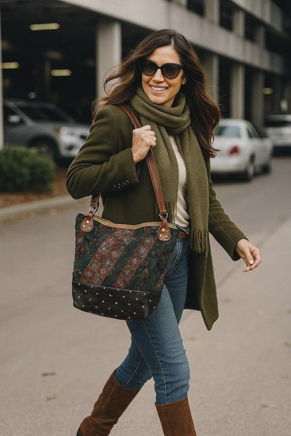 Faux leather and upcycled silk Tote Shoulder Bag Geometric Patchwork Studded